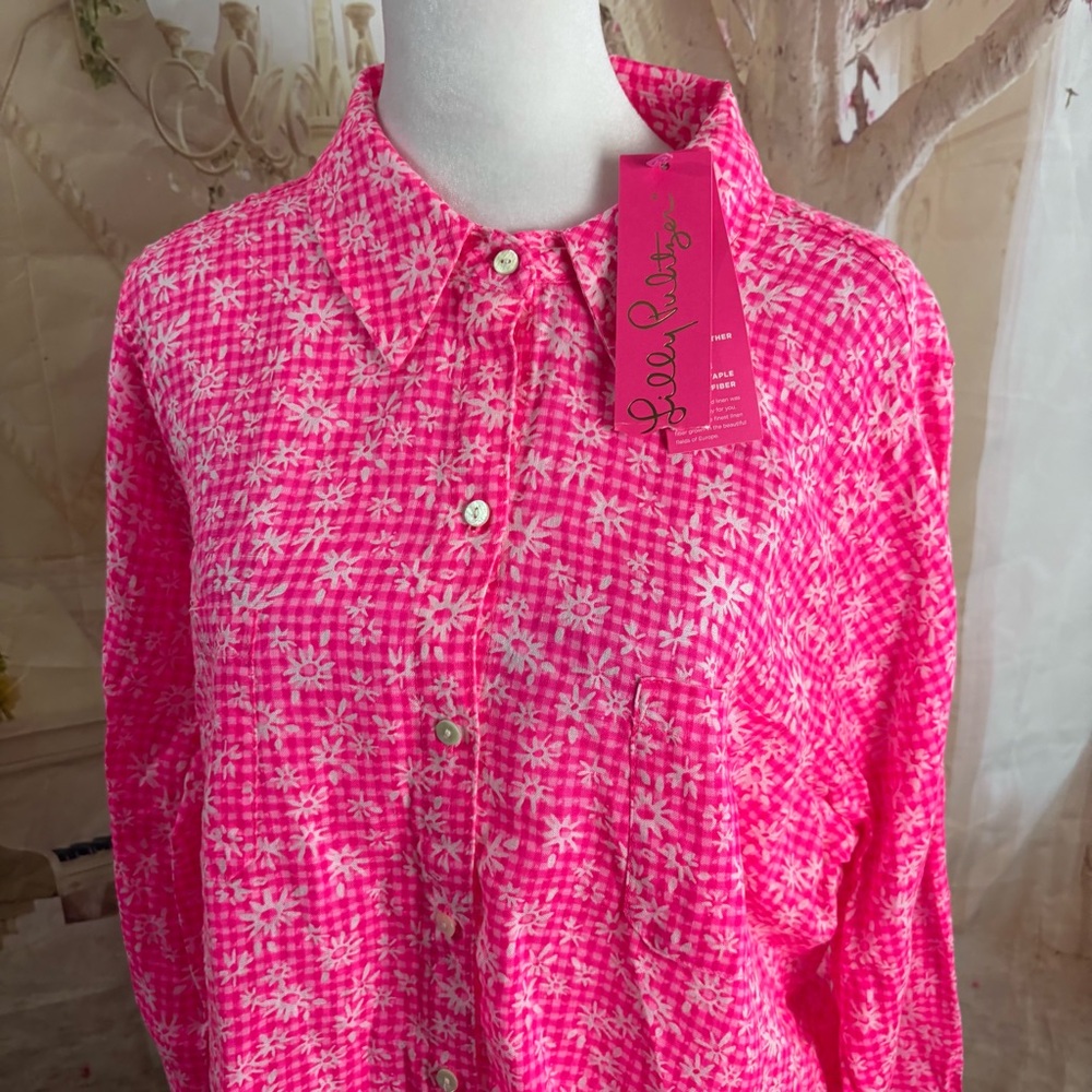 NEW Lilly Pulitzer Sea View Pink Aura linen Button Down - Picture 7 of 12